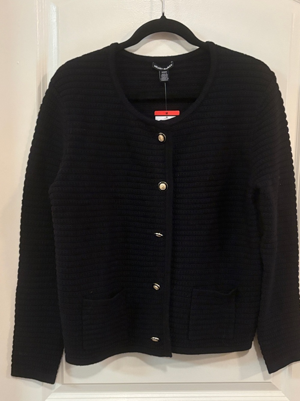 Hilary Radley Black Textured Crewneck Cardigan with Beautiful Buttons- Size M